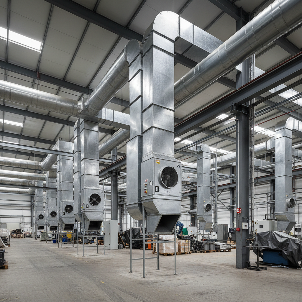 Industrial fan and ventilation equipment in a factory, large metal blades and ductwork