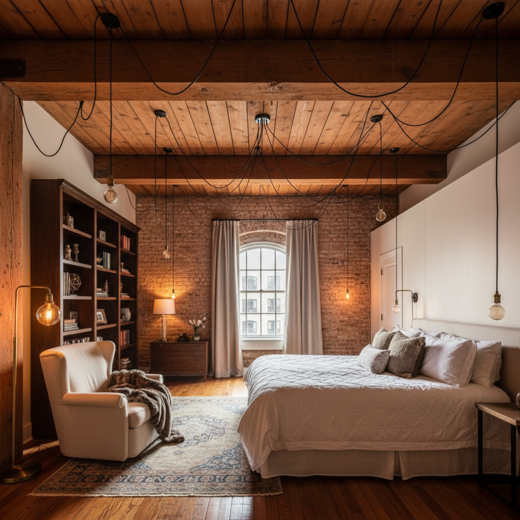Rustic loft bedroom with exposed Douglas fir timber ceiling, warm Edison bulbs, king bed with wool throws, intimate atmosphere