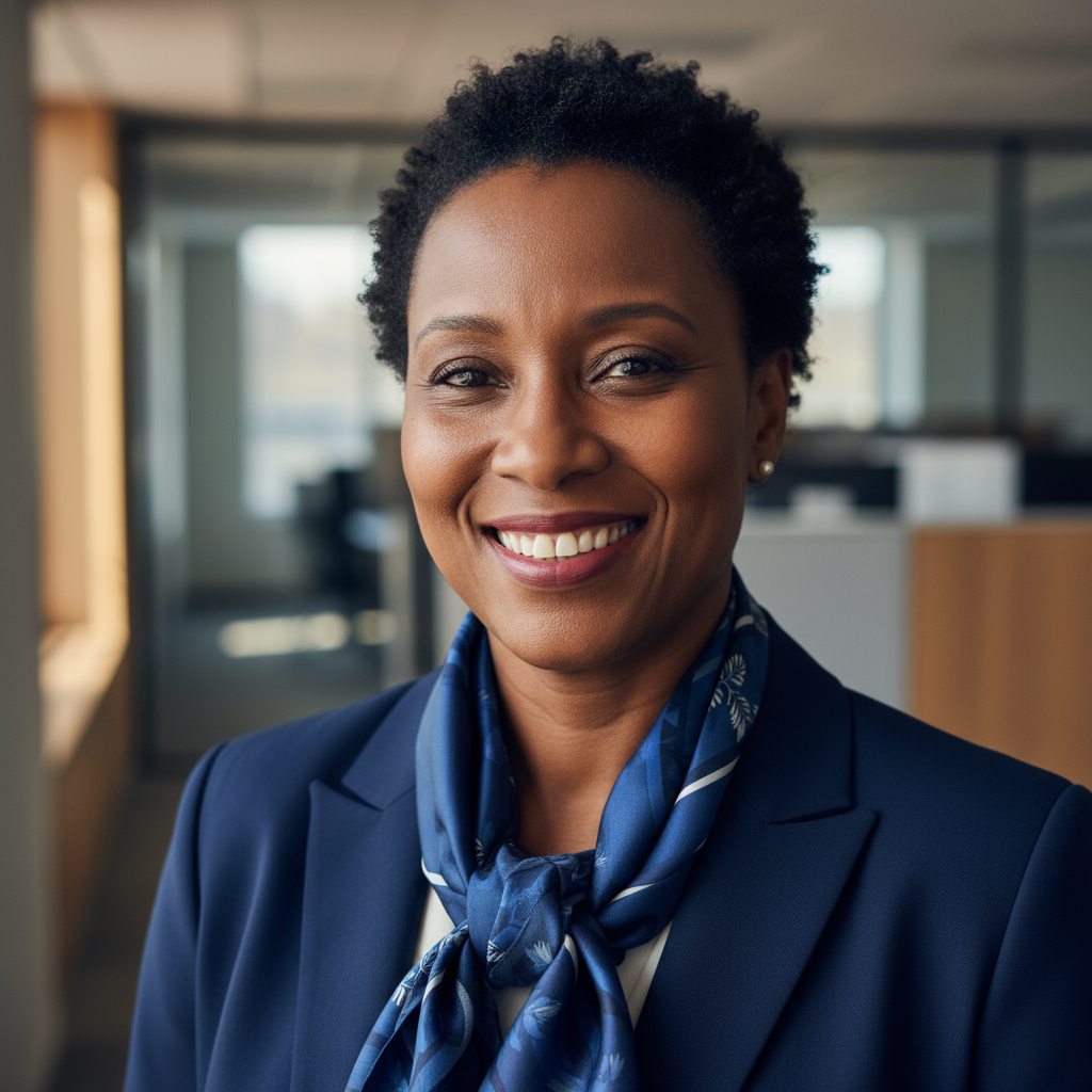 Portrait d'une femme professionnelle africaine souriante, tenue formelle colorée, bureau moderne