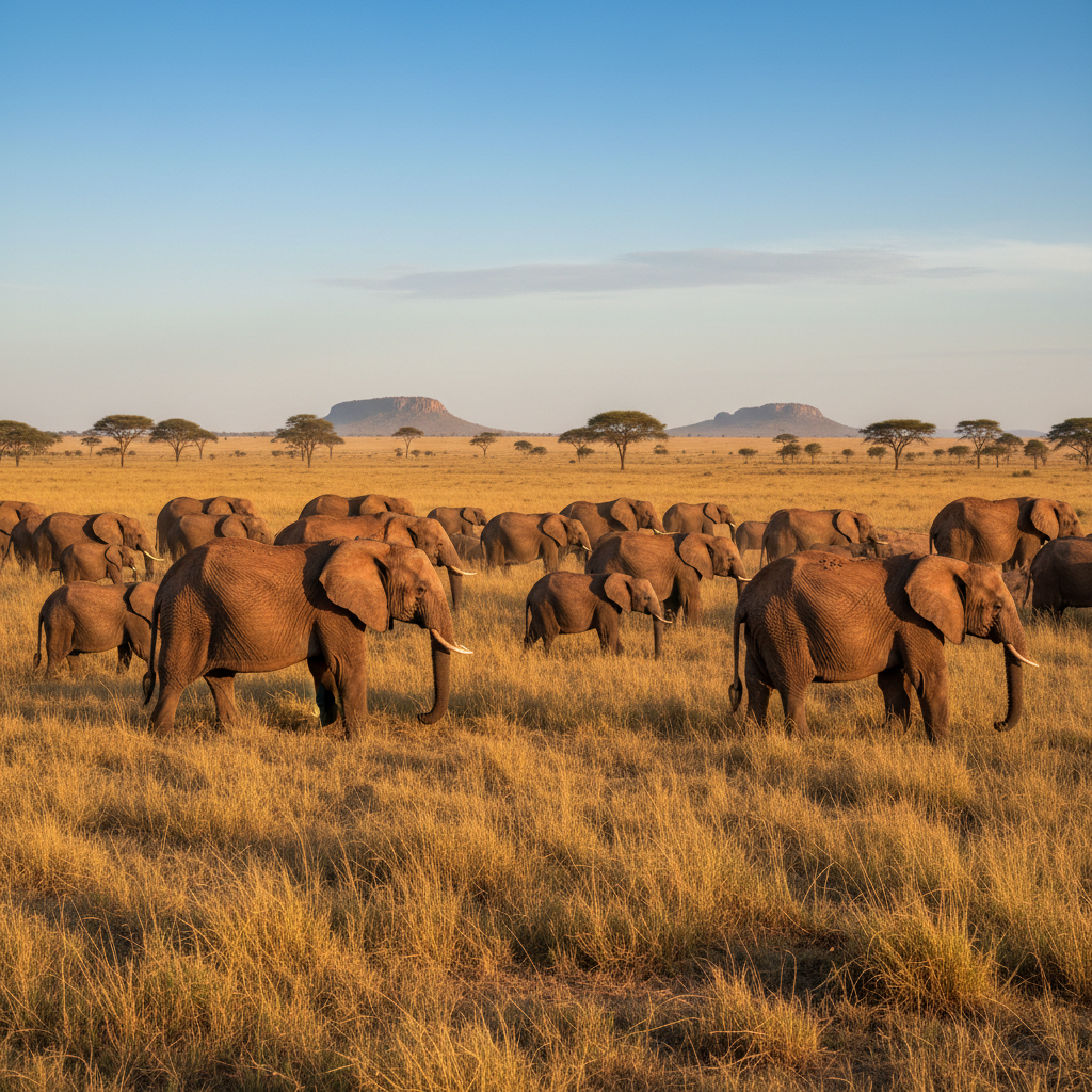 African elephant herd walking through golden savanna grass in Hwange