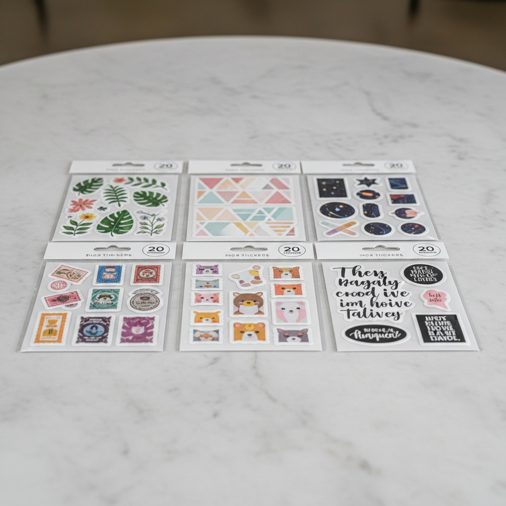 Bright table covered with colorful assorted sticker sheets