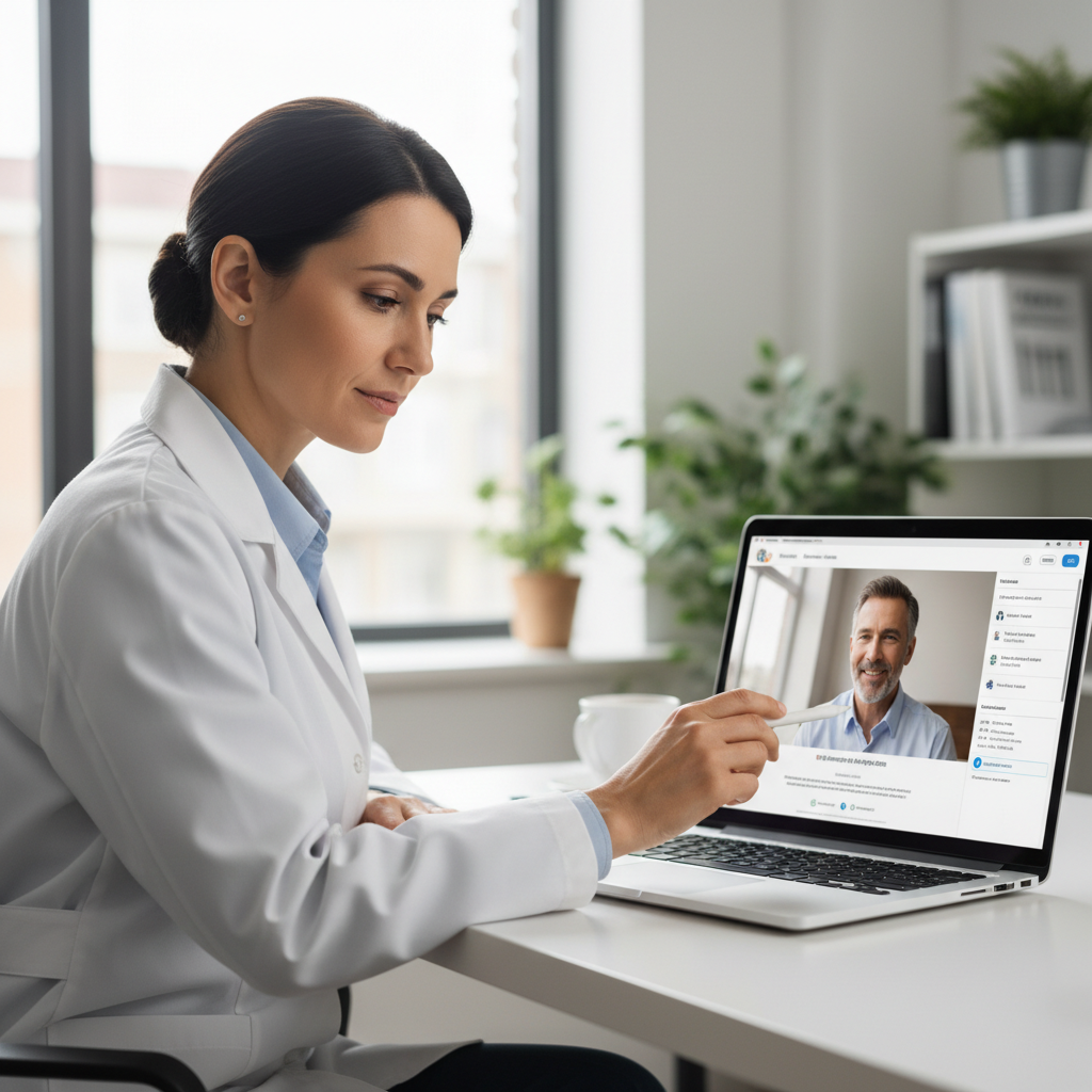 Doctor conducting video consultation on laptop