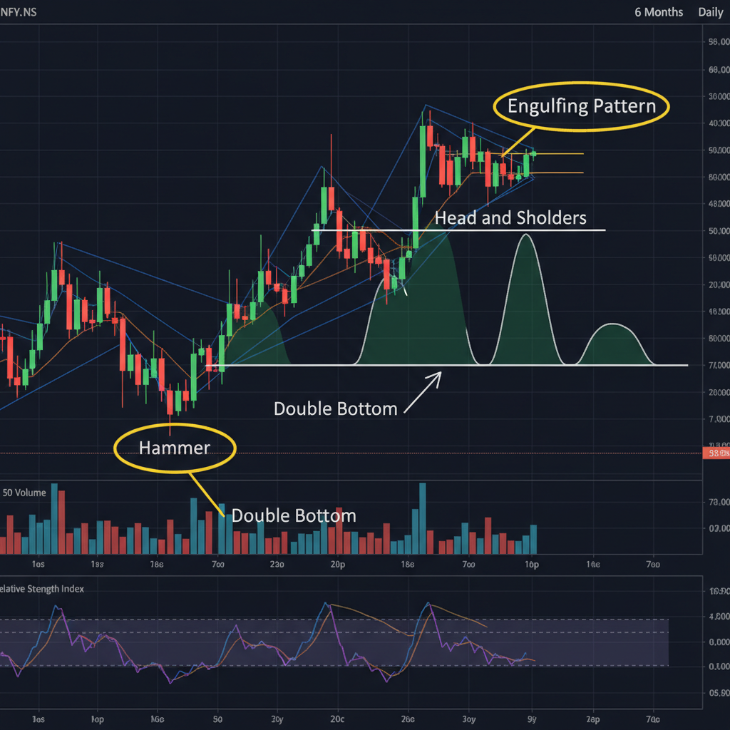 Technical analysis chart showing candlestick patterns on NSE stock with annotations highlighting key reversal patterns