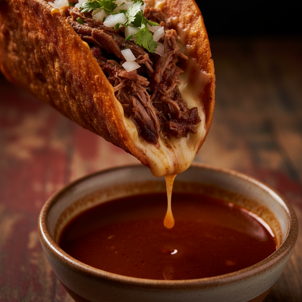 Birria Tacos viral food trend, dark moody kitchen, atmospheric lighting