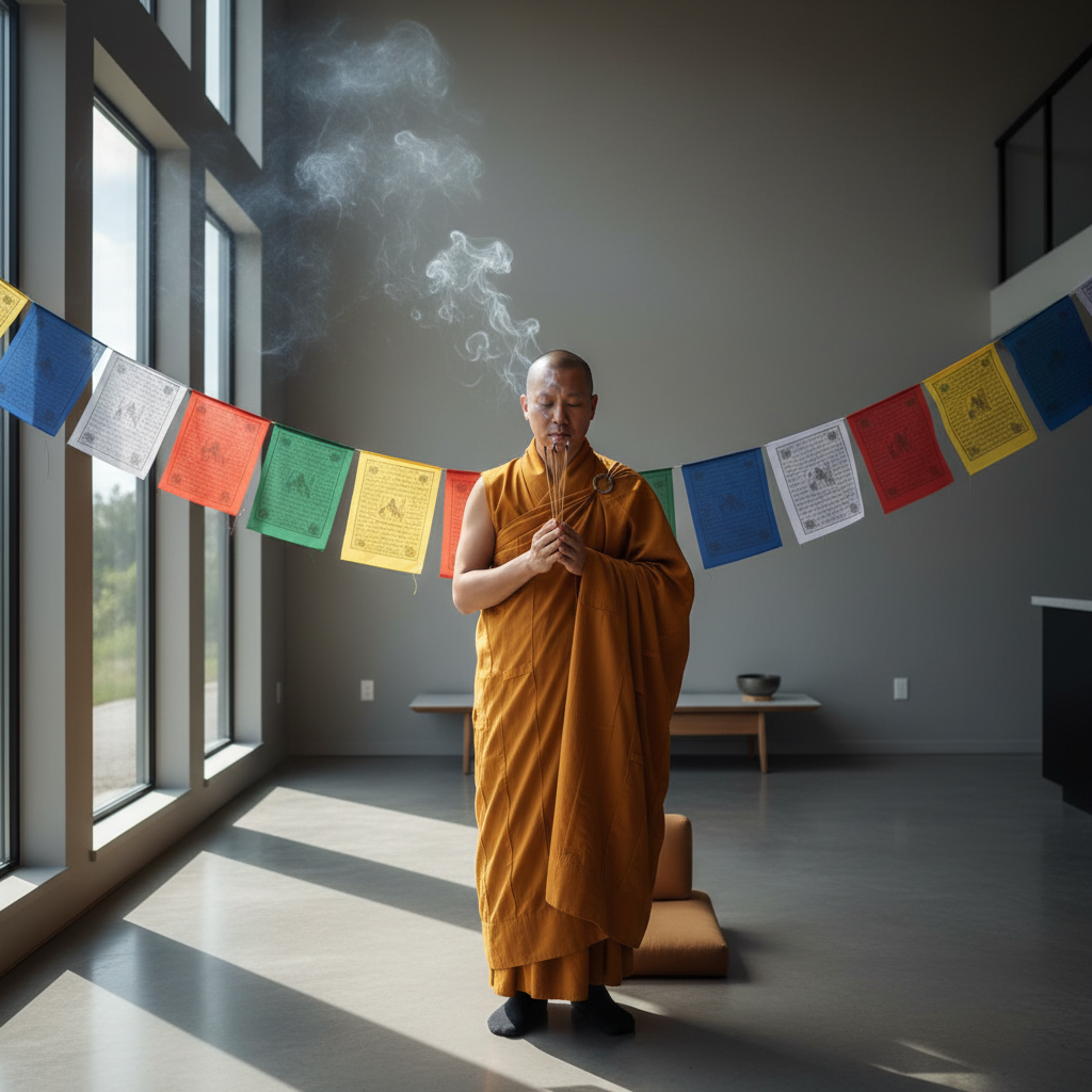 Temple priest performing house warming ceremony with sacred items