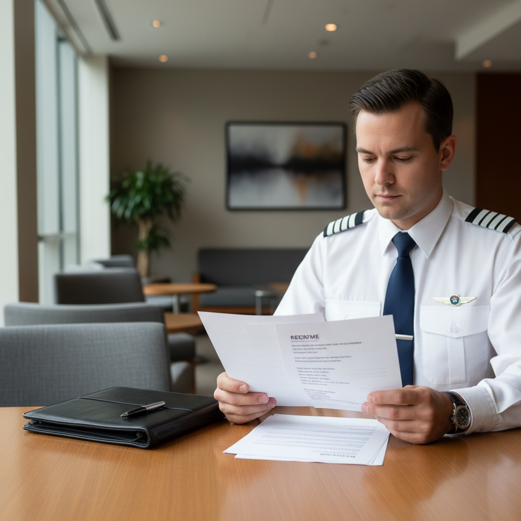 Pilot in uniform reviewing printed resume documents in crew lounge before interview