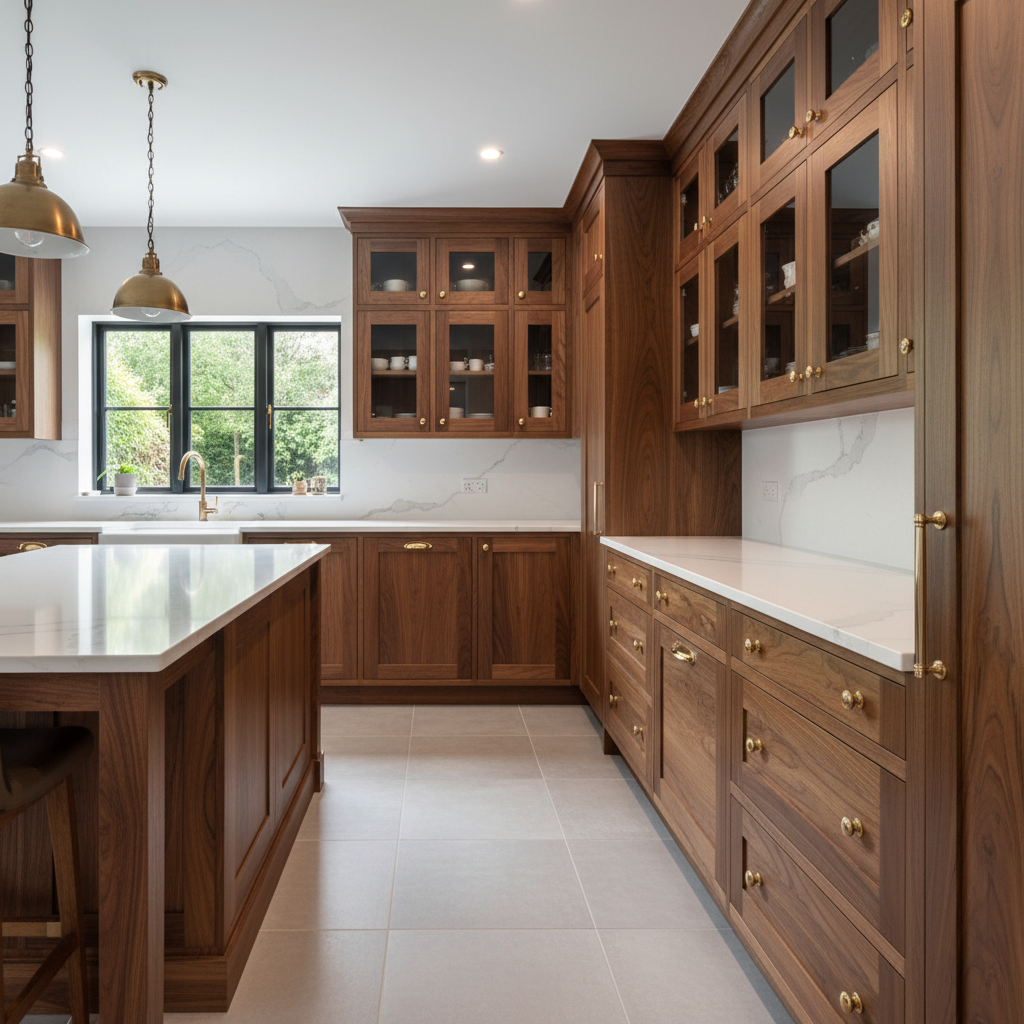 Custom walnut kitchen cabinets with integrated appliances and stone countertops in luxury Scottsdale home