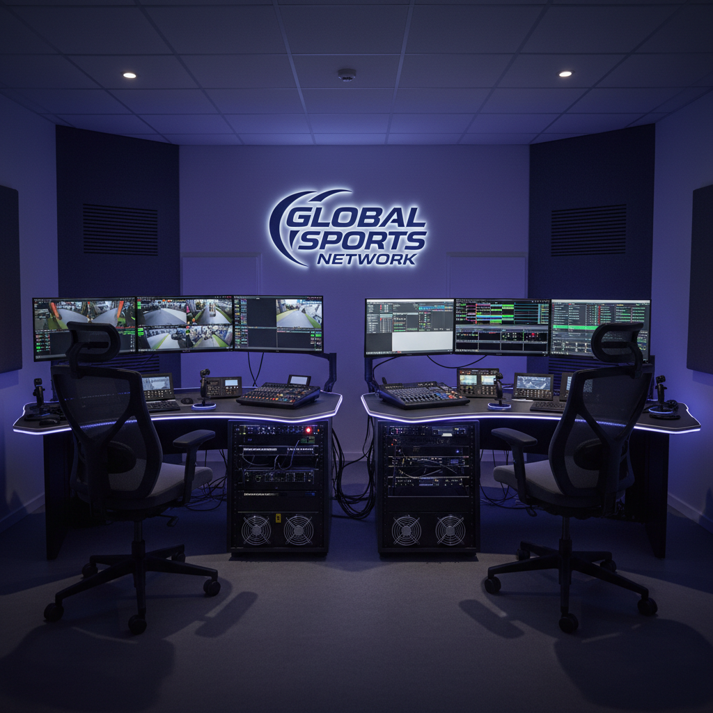 Broadcast production booth with dual observer rigs and 4K capture hardware