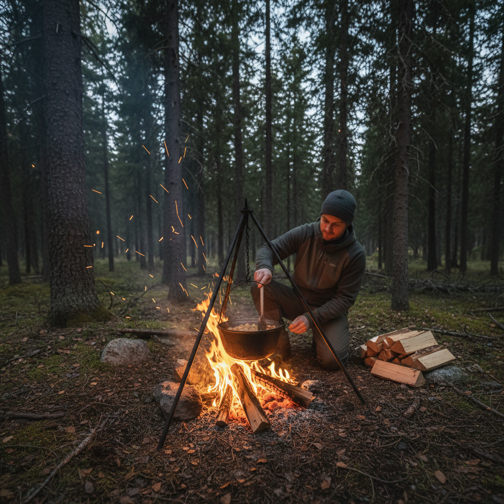 Guide preparing food over campfire in boreal forest, cast iron cookware, warm firelight, dusk atmosphere