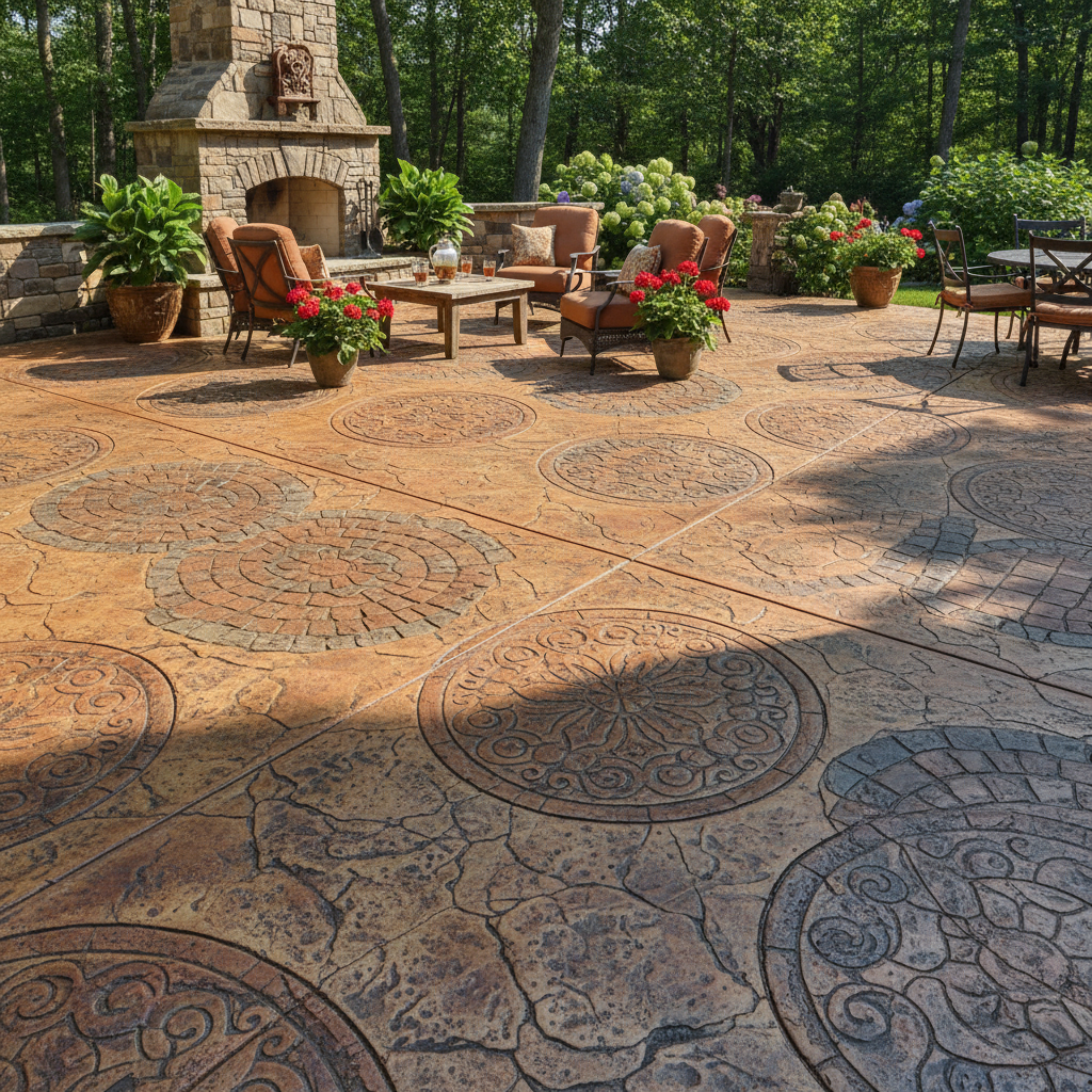 Beautiful stamped concrete patio with decorative pattern in a backyard setting with outdoor furniture