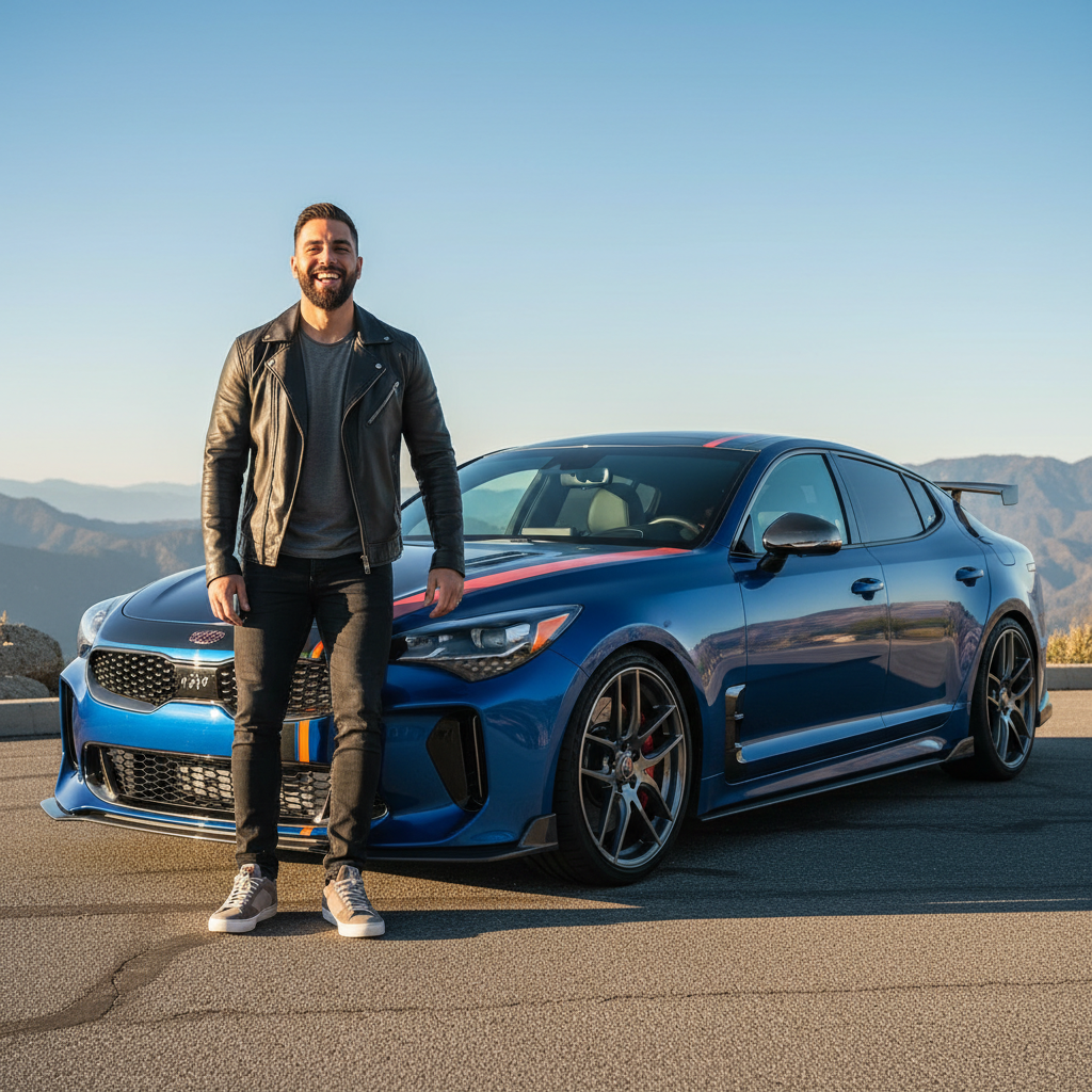 Marcus Webb, Stinger GT2 owner, smiling in front of his tuned Kia