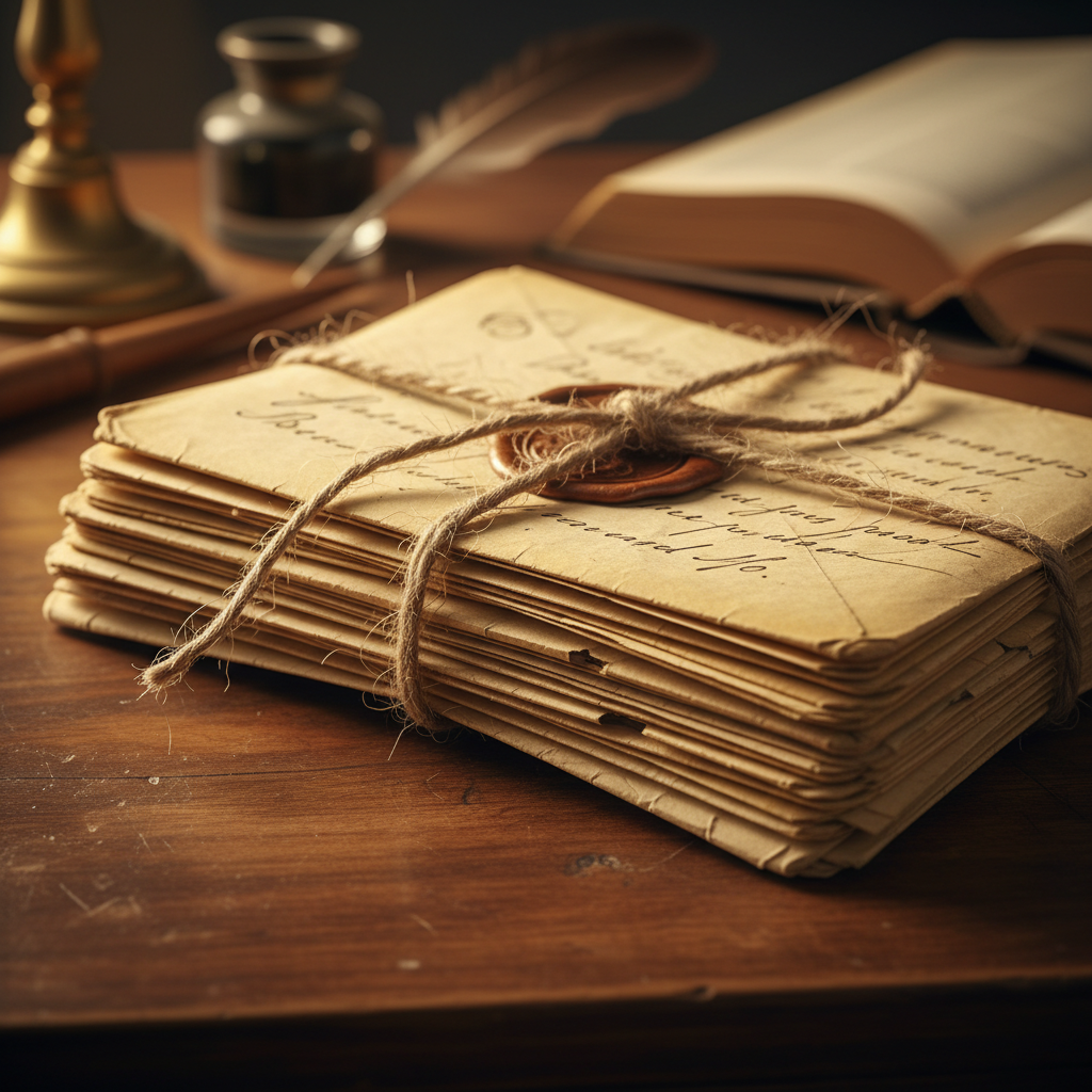 Handwritten letters on aged paper, dim atmospheric light, cultural heritage literary setting