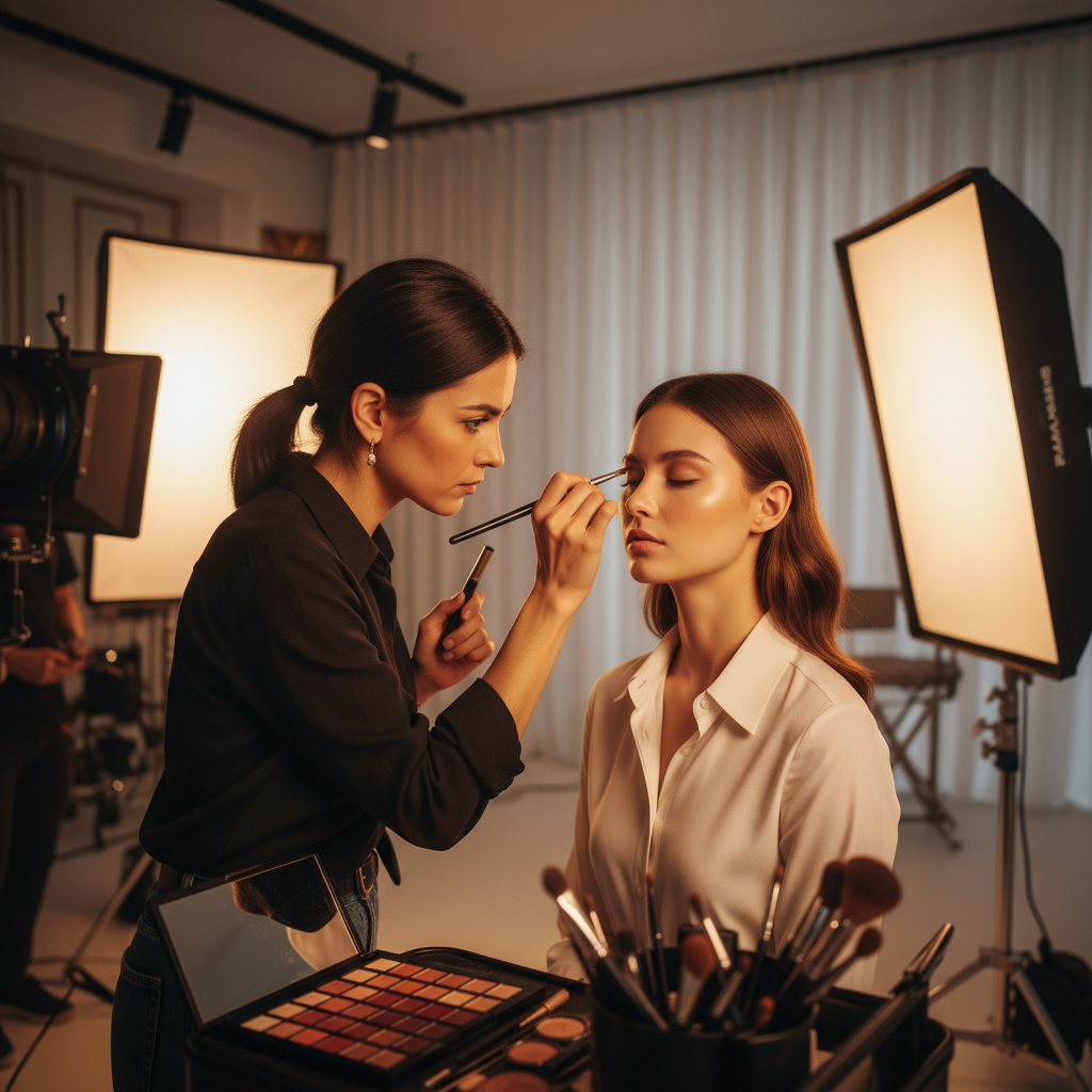 Luxury beauty product commercial still, clean white studio with warm bokeh highlights, professional product photography aesthetic