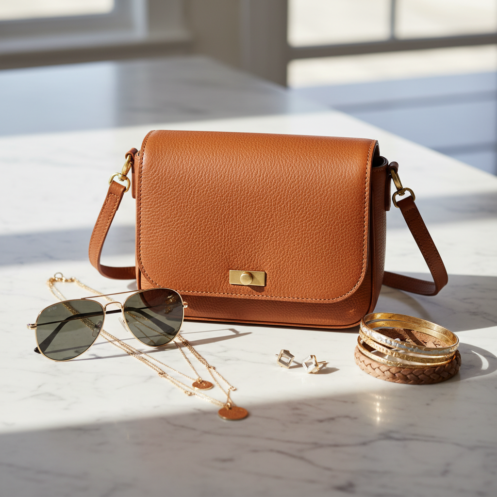 Luxury leather bag and accessories arranged on light marble surface, well-lit