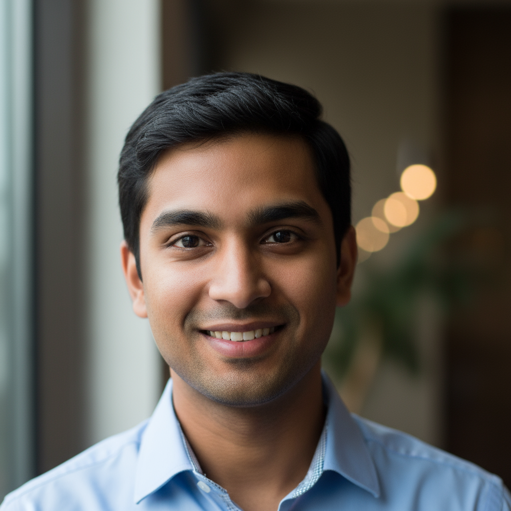 Young Indian man in collared shirt smiling confidently, professional headshot, bright background