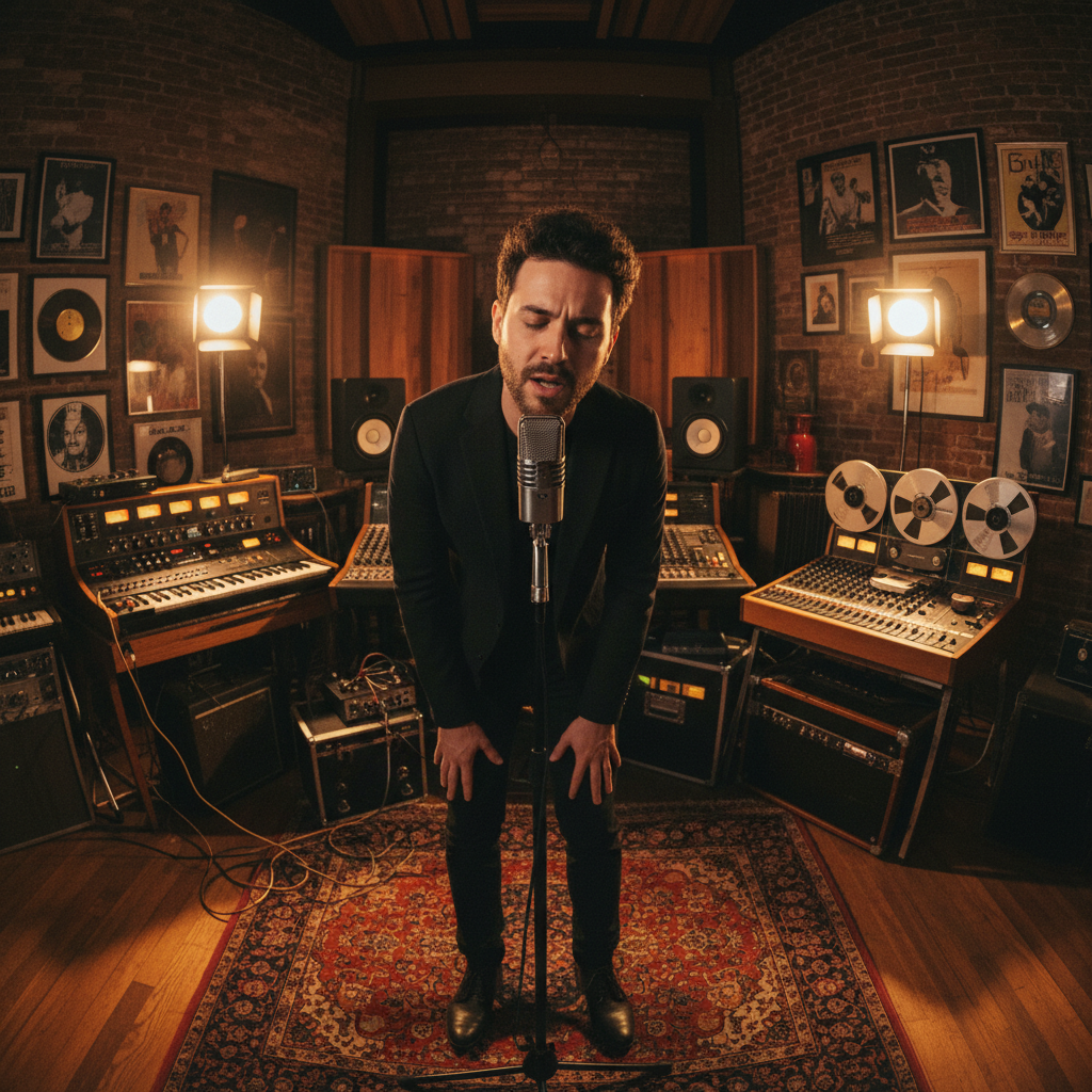 Radio studio session with performer at microphone surrounded by vintage equipment and soft studio lighting