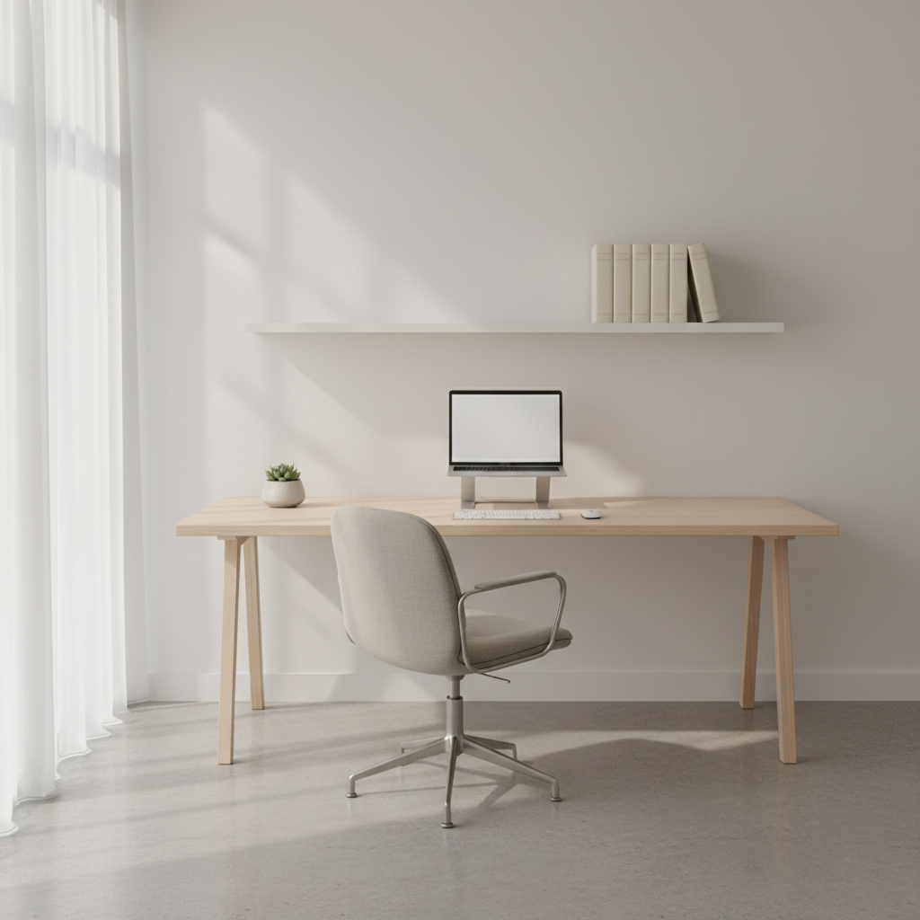 Calm, minimal office space with a desk, plant, and soft daylight from a window