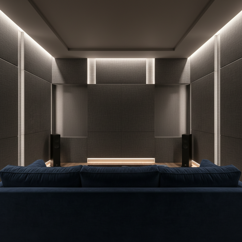Acoustic wall panels installed in home theater room with professional fabric treatment and hidden mounting hardware