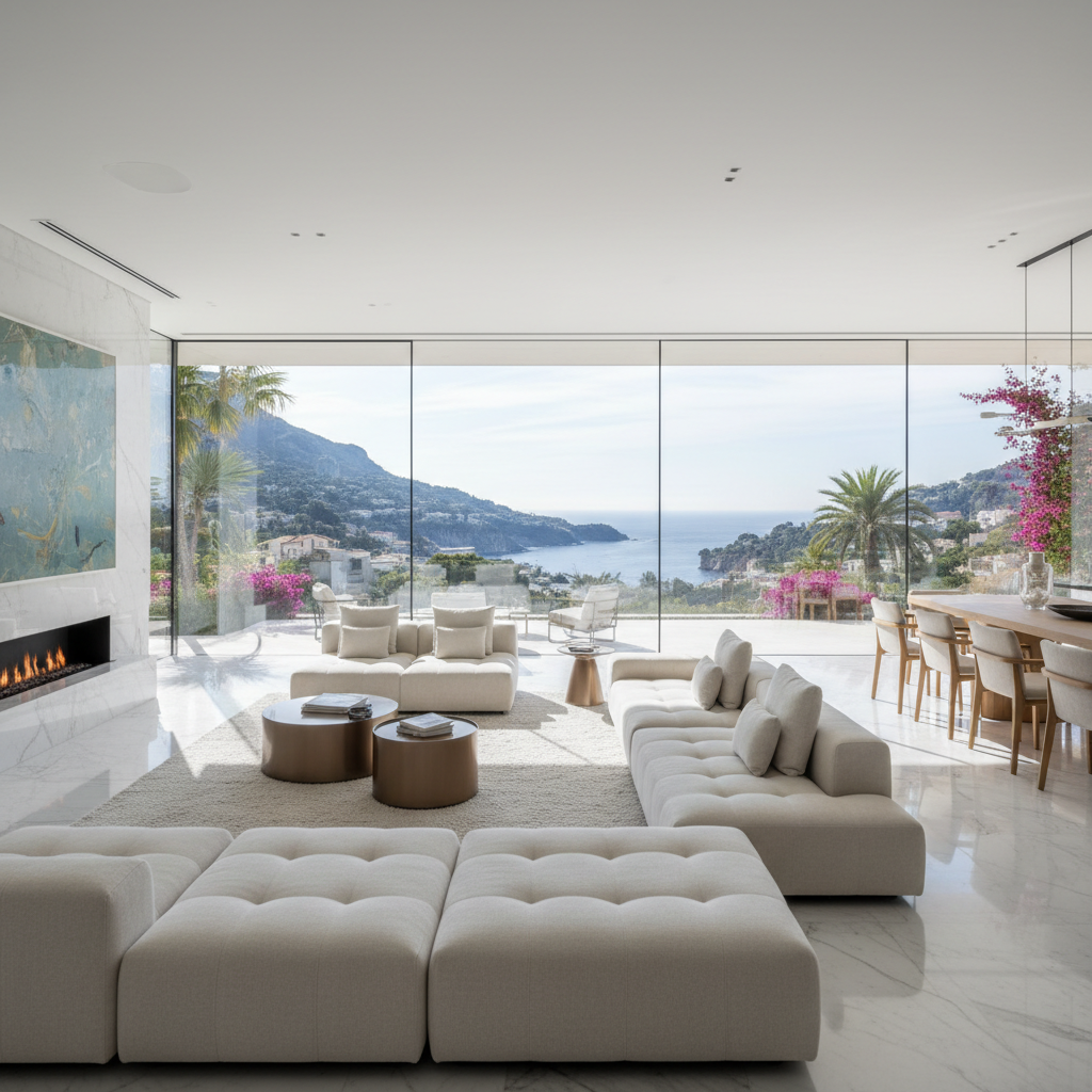 Résidence contemporaine sur la Côte d'Azur, salon lumineux avec baies vitrées, vue sur la mer, finitions haut de gamme