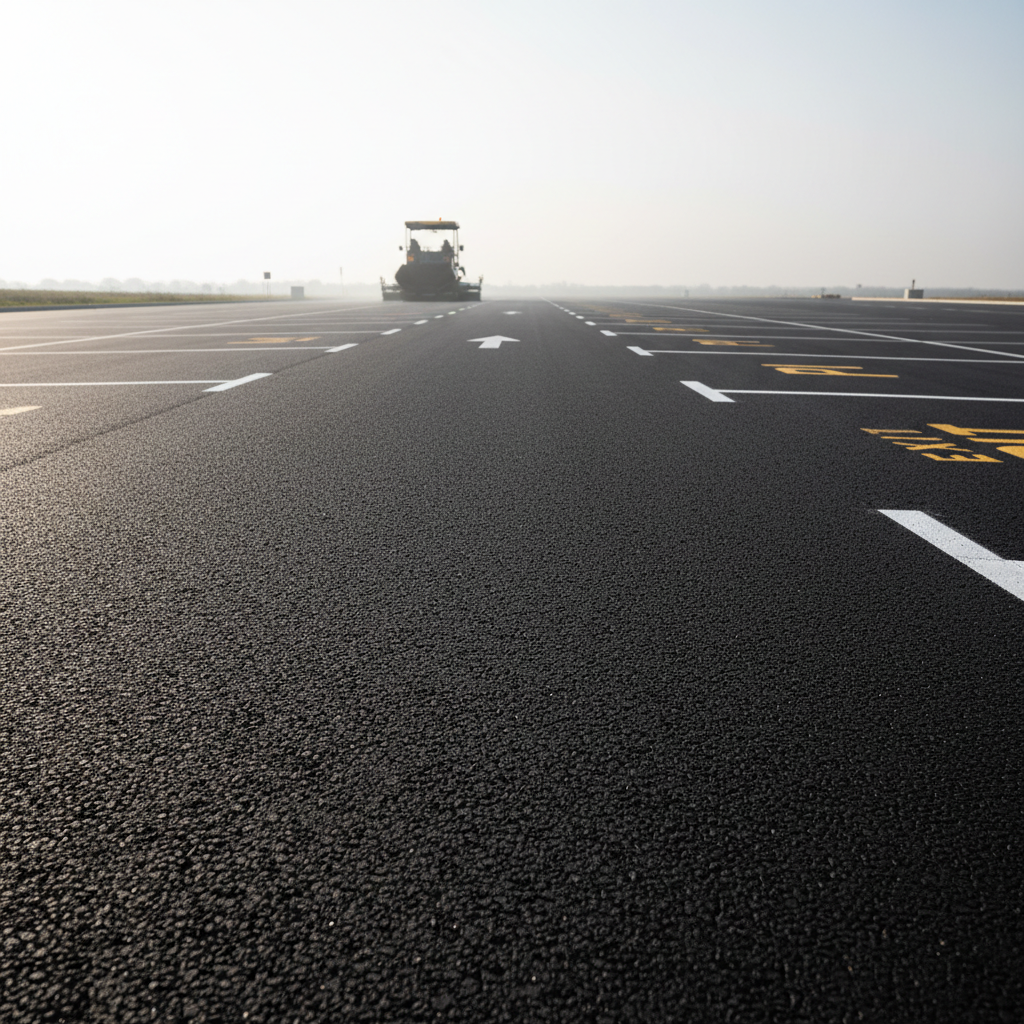 Low-angle wide shot of freshly paved carpark surface with vanishing-point perspective, paver machine in soft background haze, newly painted lot markings