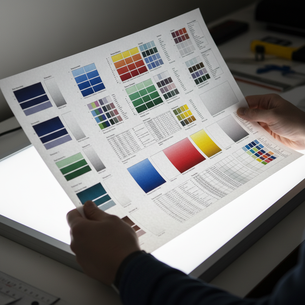 Printed proof sheet being held over lightbox showing color and typography accuracy