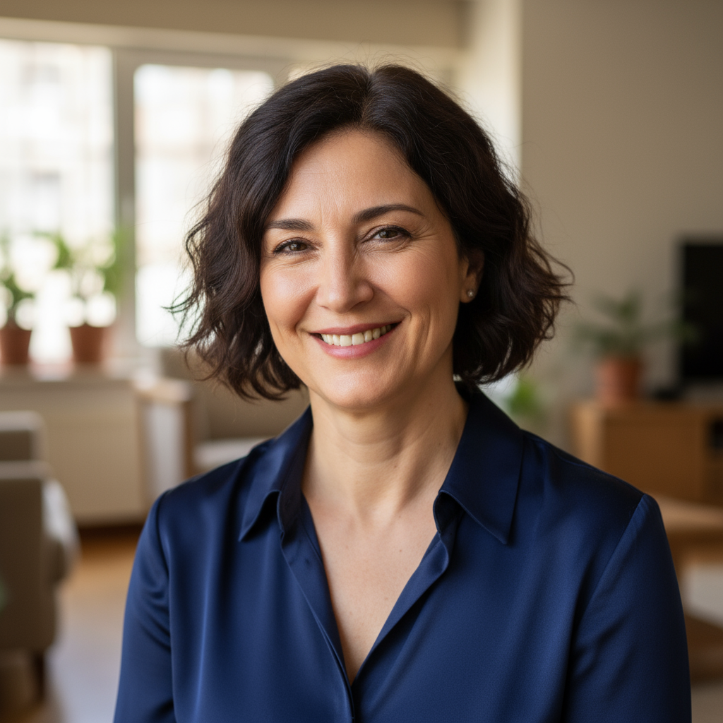 Selin Karadeniz, genç Türk kadın, gülümsüyor, açık arka plan