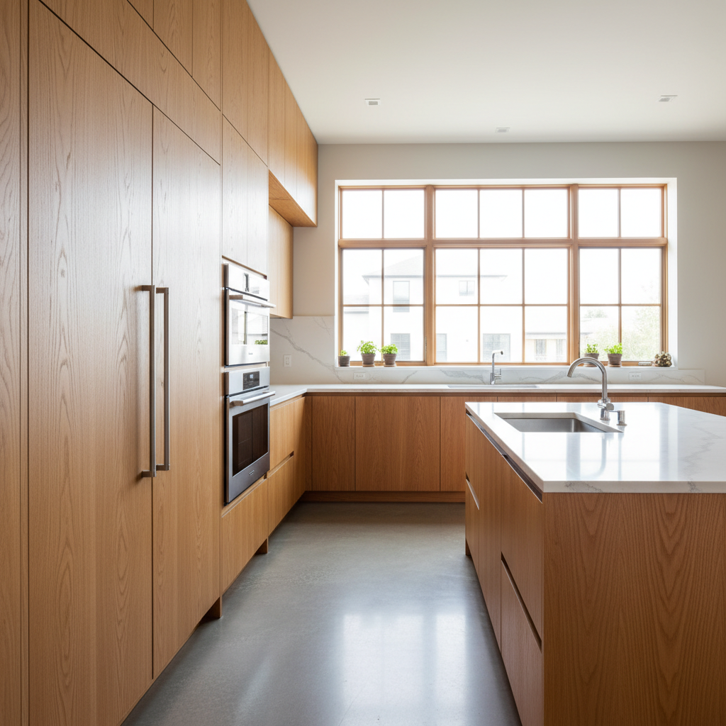 Custom walnut kitchen cabinets with integrated appliances and precision joinery in luxury Scottsdale kitchen
