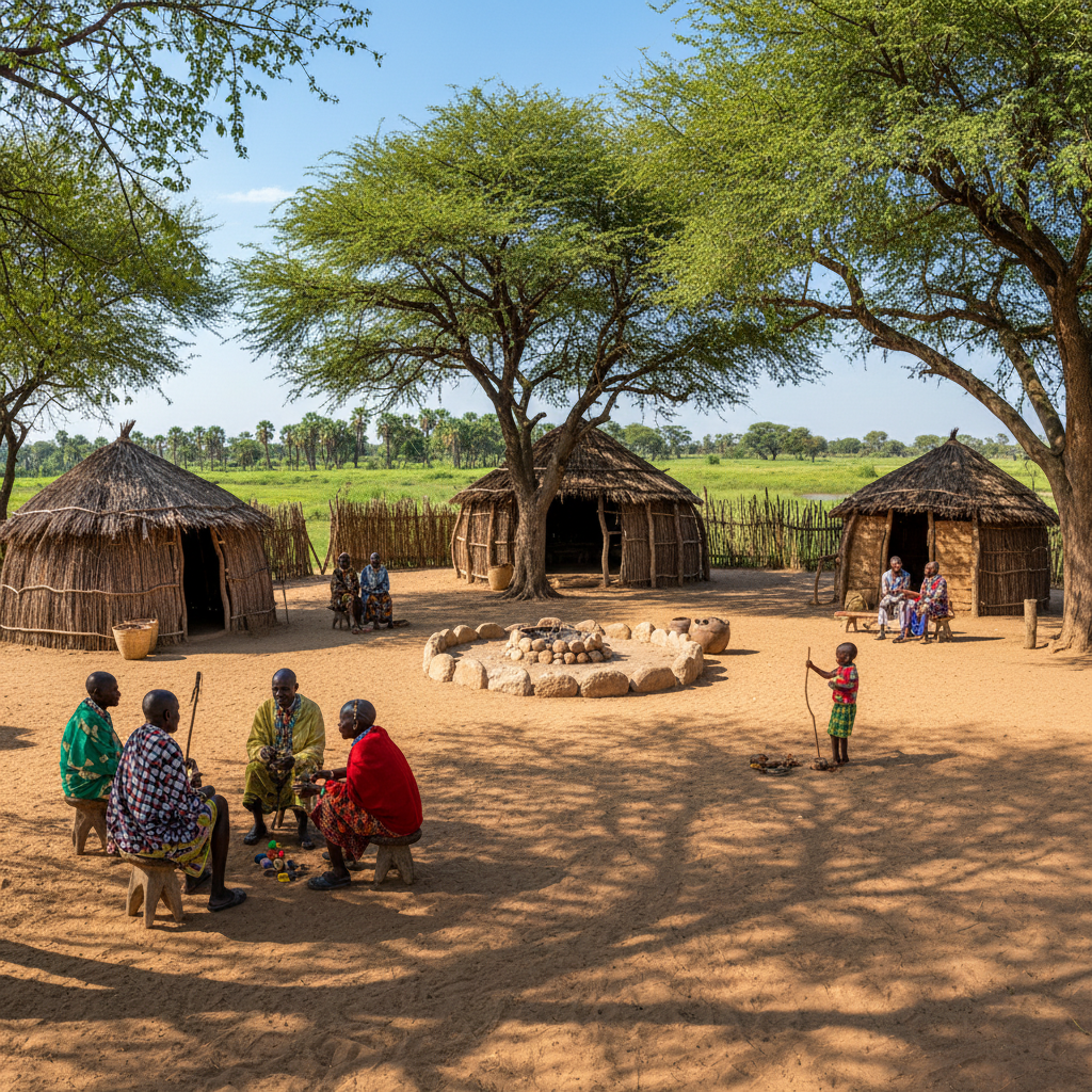 Traditional African village with thatched huts at sunrise, warm amber glow, dark earthy ground, mist in background