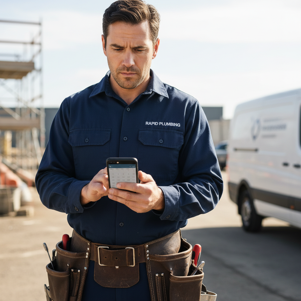 Plumber in work gear checking schedule on phone, ready for emergency dispatch