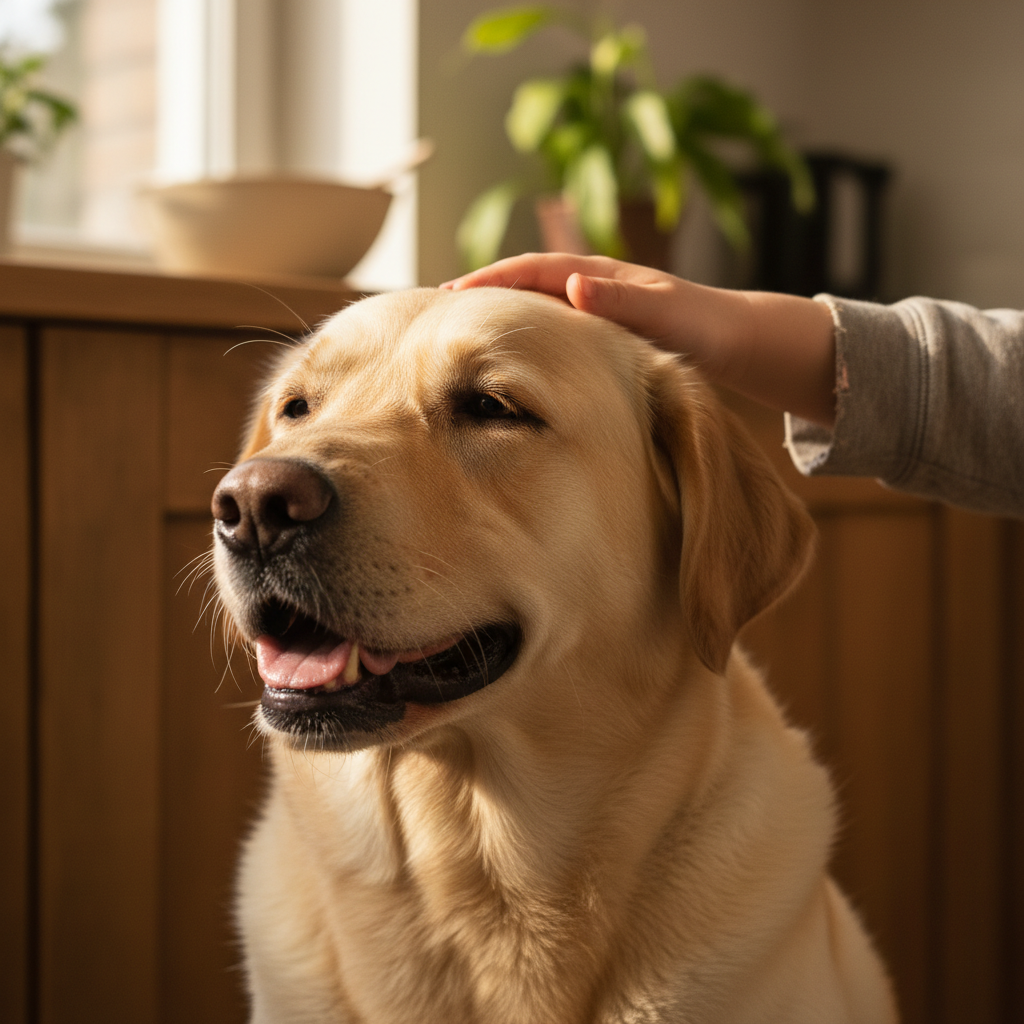 Yellow Lab being gently petted by a child in a warm kitchen