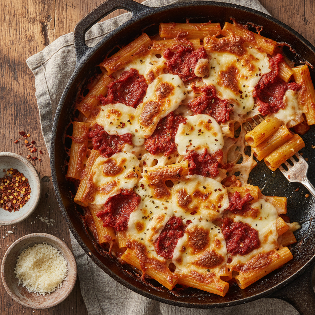 Baked pasta in cast iron pan with spicy nduja and bubbling mozzarella