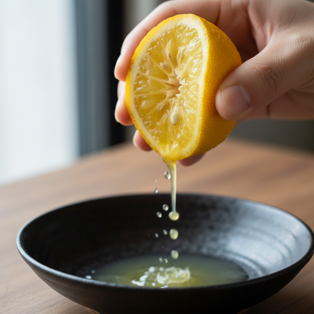 Halved yuzu citrus fruit being squeezed over a dark ceramic dish with bright yellow juice