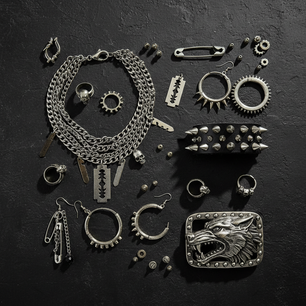Complete punk jewelry flat lay on black concrete