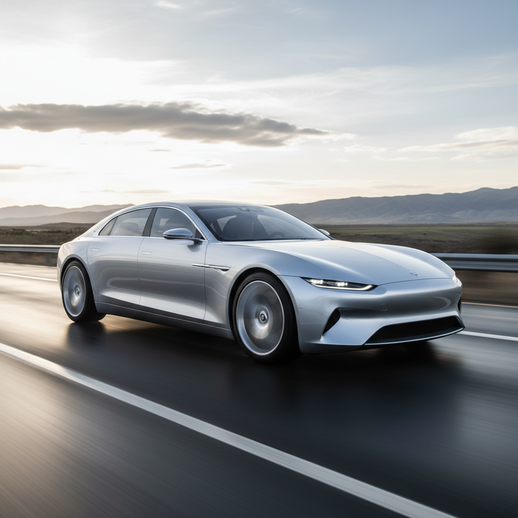 Silver premium sedan on open road, elegant profile, sharp creases