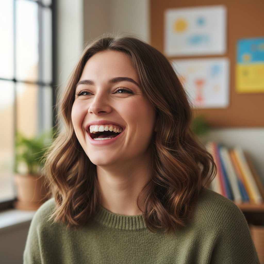 Young female teacher mid-laugh at desk