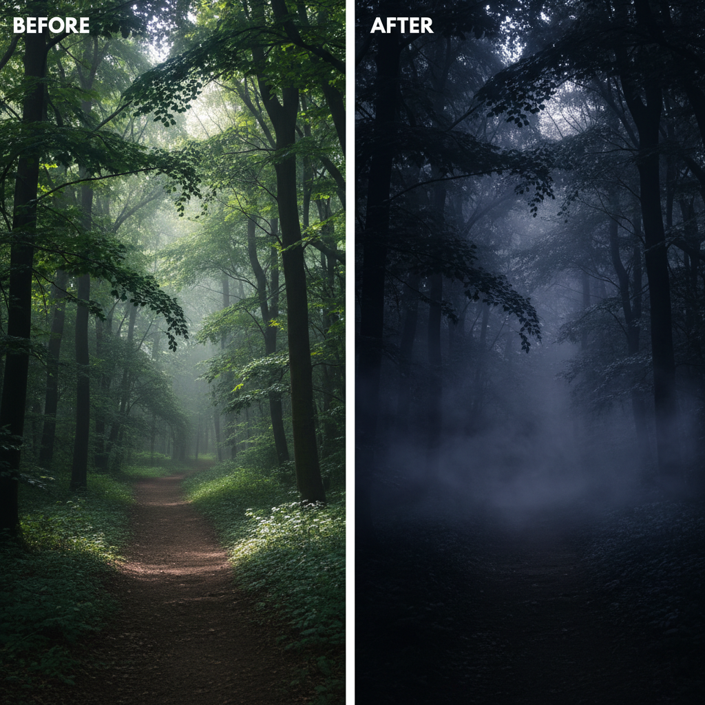 Dark cinematic scene with neural relighting showing dramatic colour graded atmosphere deep shadows