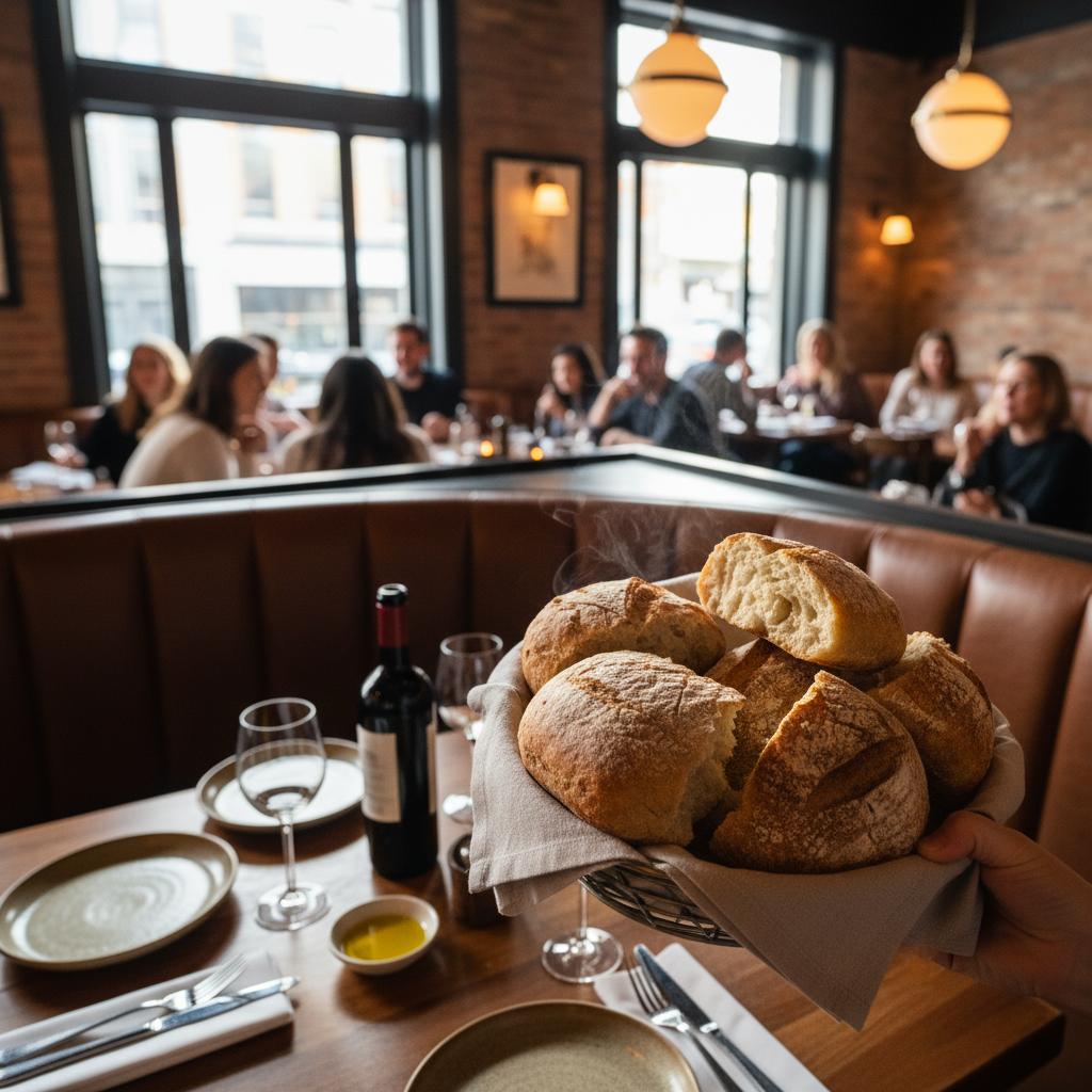Warm bread arriving at a corner booth table with guests in background