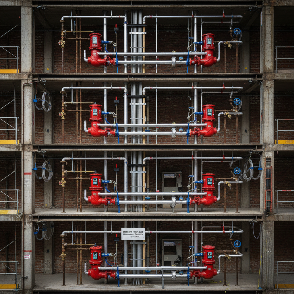 Modern open-plan office space with exposed ceiling showing fire suppression pipes, natural light from large windows, dark industrial aesthetic