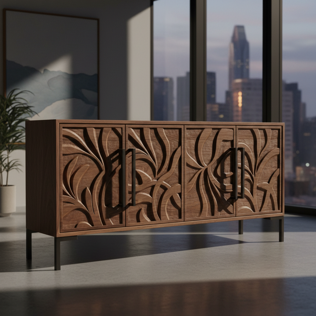 Walnut credenza with hand-carved panel doors and blackened steel hardware in modern interior