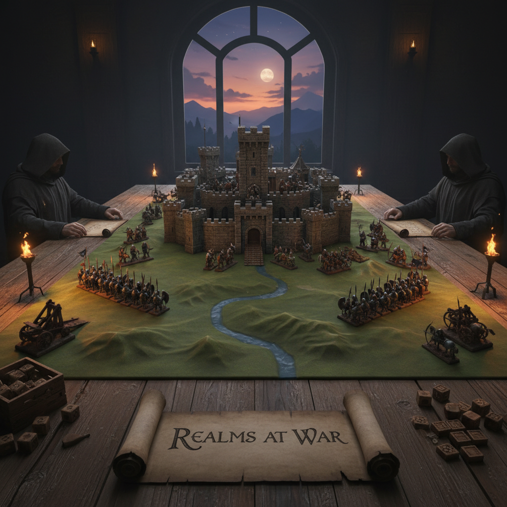 Winter fantasy strategy game with snow-covered castle kingdoms, icy mountains and glowing magical fortifications at dusk