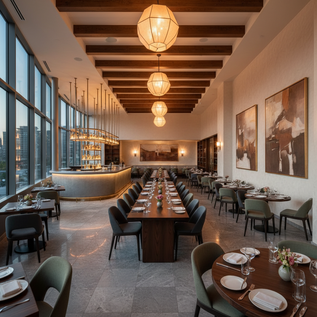Panoramic view of fine dining restaurant interior with city skyline visible through floor-to-ceiling windows