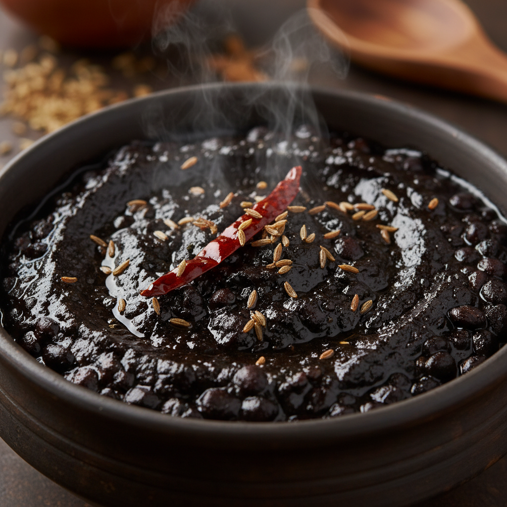 Close-up of bhatt ki churkani — black beans collapsed into thick dark silk with cumin tempering on top