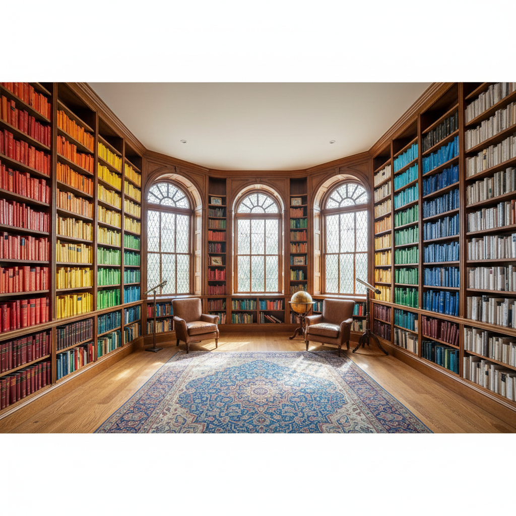 Beautifully catalogued personal library curated by Miriam Tse showing perfectly organized shelves with books arranged by color and height in a San Francisco Victorian home