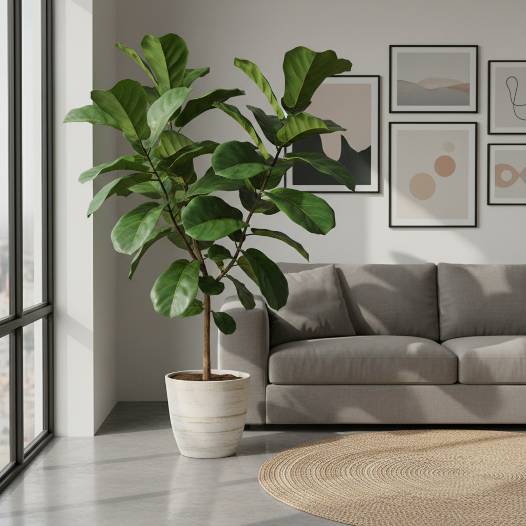 Fiddle leaf fig tree with large violin-shaped glossy leaves in tall floor pot in bright modern living room