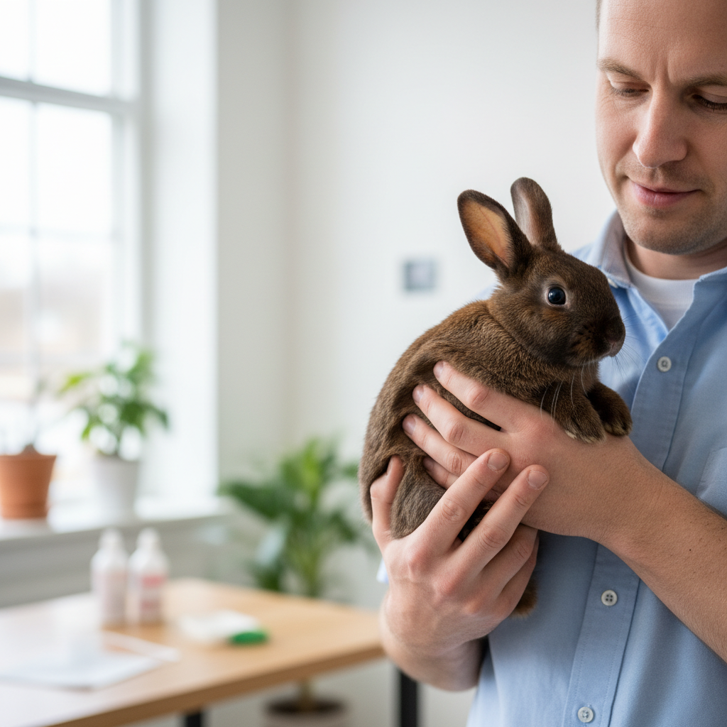 TomΓ‘s Rivera, Small Animal Lead, holding a Rex rabbit