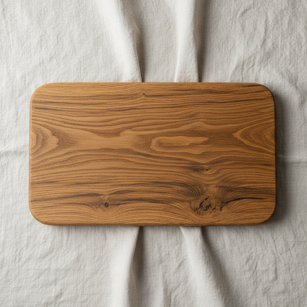 Handcrafted oak wood cheese board with natural grain and carved serving handles