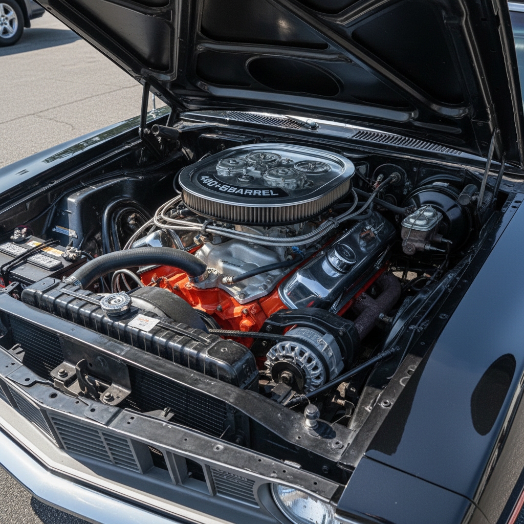 Cuda 440-6 engine bay showing original Six-Pack carburetor setup