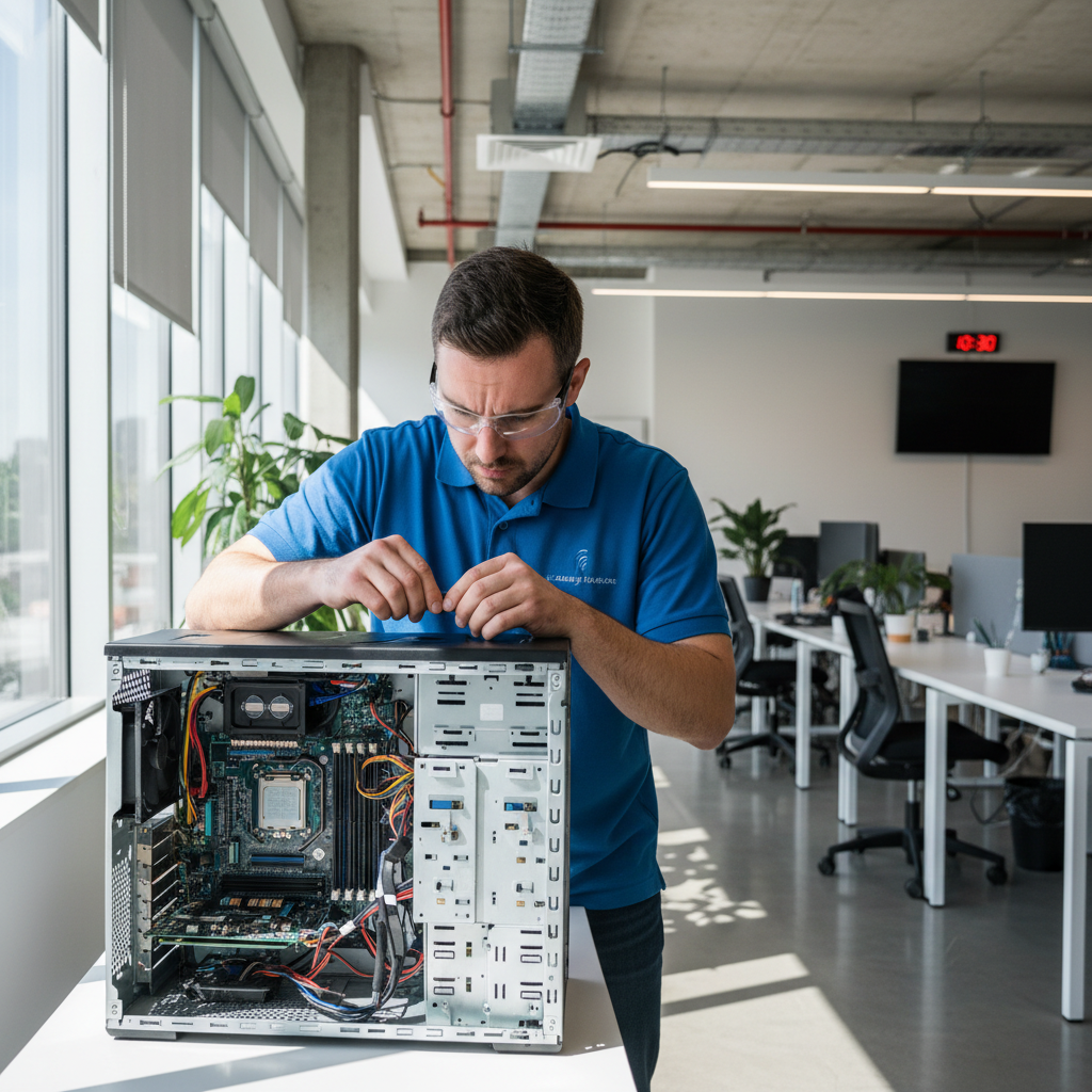Professional IT technician working on computer equipment, bright clean office environment, well-lit workspace