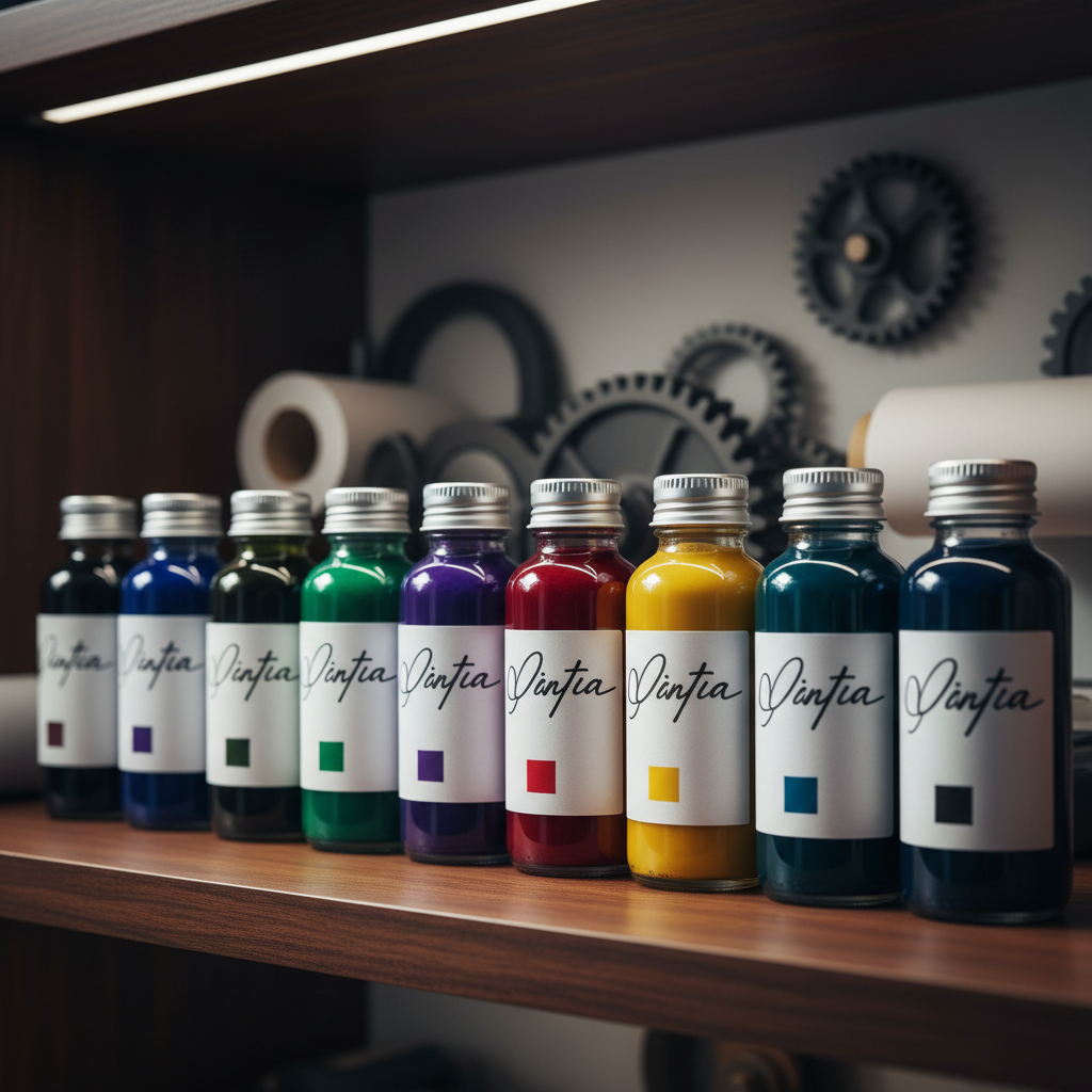 Bottles of specialty printing inks in deep jewel tones lined up on a shelf