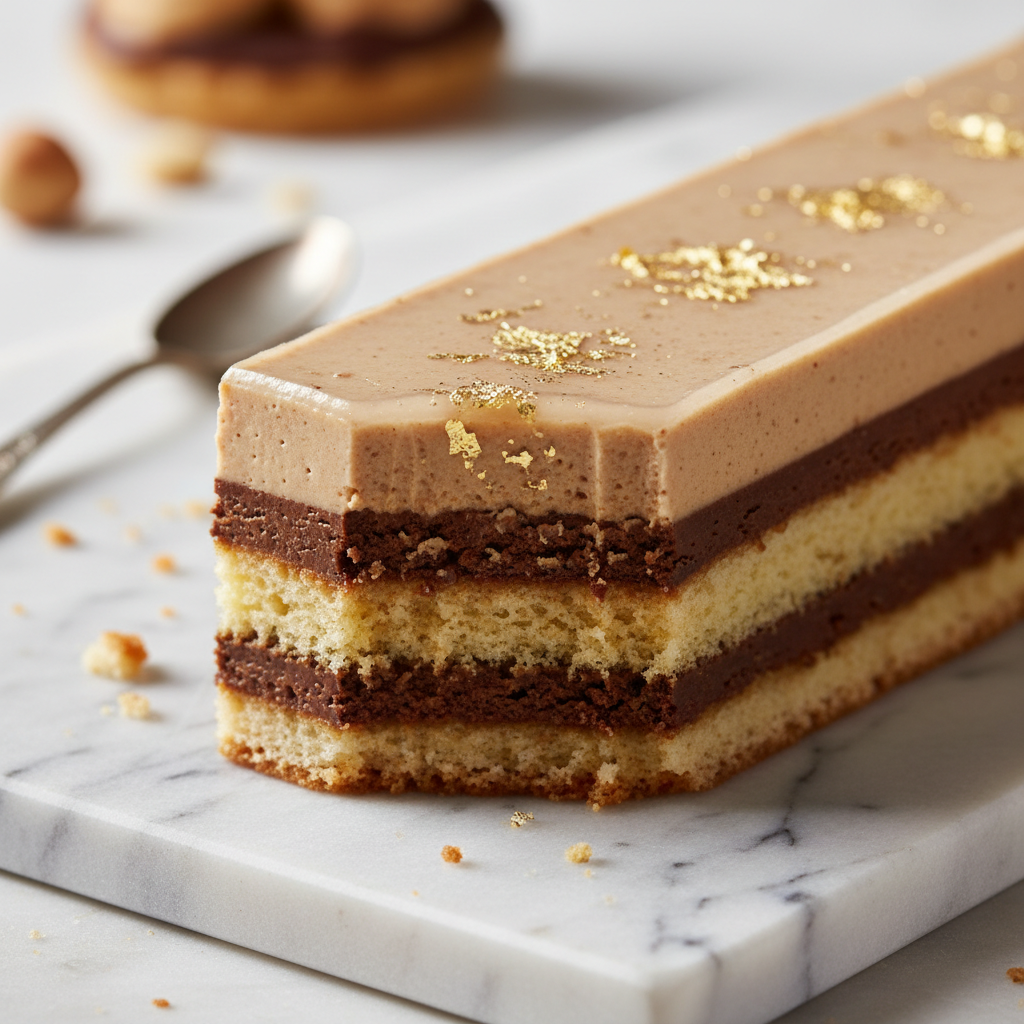 Artisan pastry with gold leaf dusting and layered textures on marble surface